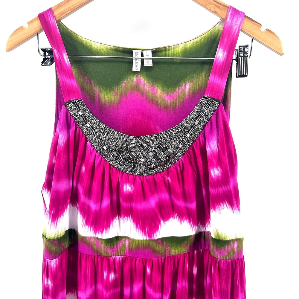 Madison Pink Green Tie Dye Chevron Beaded Neckline Tank Sleeve Maxi Dress Large